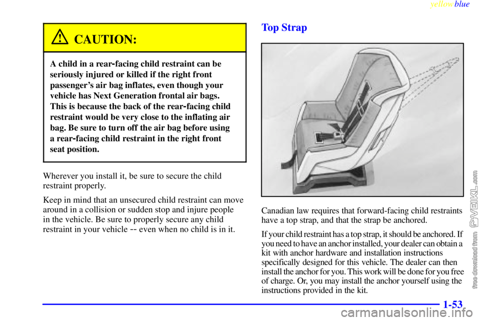 CHEVROLET C/K 1999  Owners Manual yellowblue     
1-53
CAUTION:
A child in a rear-facing child restraint can be
seriously injured or killed if the right front
passengers air bag inflates, even though your
vehicle has Next Generation 