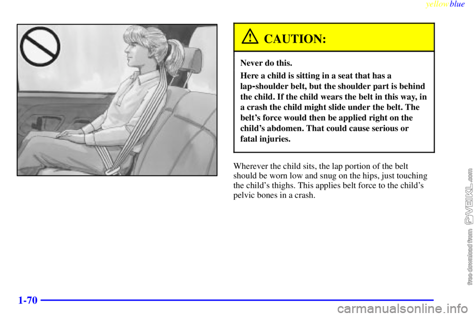 CHEVROLET C/K 1999 Manual PDF yellowblue     
1-70
CAUTION:
Never do this.
Here a child is sitting in a seat that has a
lap
-shoulder belt, but the shoulder part is behind
the child. If the child wears the belt in this way, in
a c