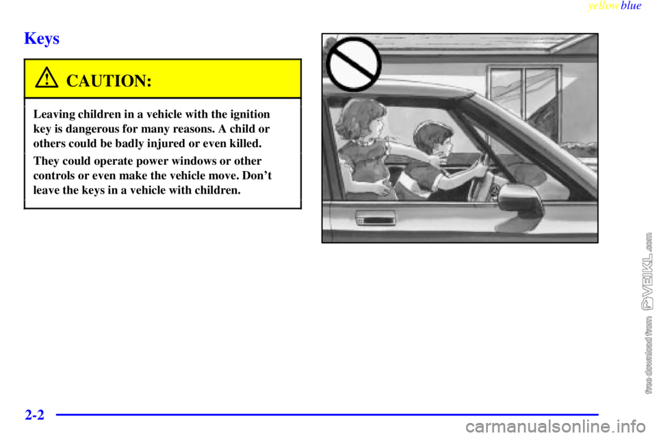CHEVROLET C/K 1999  Owners Manual yellowblue     
2-2
Keys
CAUTION:
Leaving children in a vehicle with the ignition
key is dangerous for many reasons. A child or
others could be badly injured or even killed.
They could operate power w