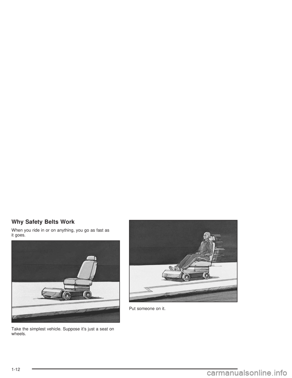 CHEVROLET MONTE CARLO 2004 User Guide Why Safety Belts Work
When you ride in or on anything, you go as fast as
it goes.
Take the simplest vehicle. Suppose it’s just a seat on
wheels.Put someone on it.
1-12 