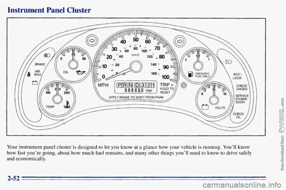 CHEVROLET ASTRO 1996 Owners Manual Instrument Panel Cluster
I
Your instrument panel cluster is designed to let you know at a glance how your vehicle is running. You’ll know
how fast you’re going, about how m CHEVROLET ASTRO 1996 Owners Manual Instrument Panel Cluster
I
Your instrument panel cluster is designed to let you know at a glance how your vehicle is running. You’ll know
how fast you’re going, about how m