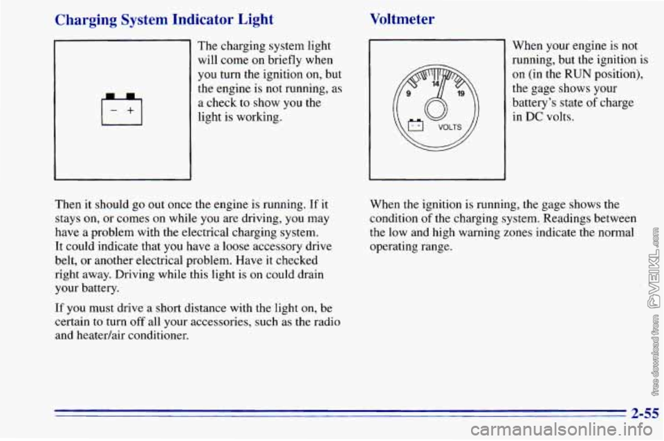 CHEVROLET ASTRO 1996 Owners Manual Charging System Indicator Light
j-+l
The charging system light
will come
on briefly when
you turn the ignition on, but
the engine is not running, as
a check
to show you the
ligh CHEVROLET ASTRO 1996 Owners Manual Charging System Indicator Light
j-+l
The charging system light
will come
on briefly when
you turn the ignition on, but
the engine is not running, as
a check
to show you the
ligh
