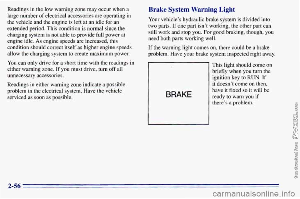 CHEVROLET ASTRO 1996 Owners Manual Readings in the low warning zone may occur when a
large number of electrical accessories are operating in
the vehicle and the engine
is left at an idle for an
extended period. This CHEVROLET ASTRO 1996 Owners Manual Readings in the low warning zone may occur when a
large number of electrical accessories are operating in
the vehicle and the engine
is left at an idle for an
extended period. This