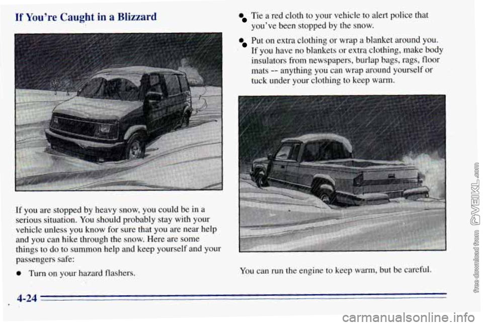 CHEVROLET ASTRO 1996 Owners Manual If You’re Caught in a Blizzard Tie a red cloth to your vehicle to alert police that
you’ve been stopped by the snow.
’ Put on extra clothing or wrap a blanket around you:
I CHEVROLET ASTRO 1996 Owners Manual If You’re Caught in a Blizzard Tie a red cloth to your vehicle to alert police that
you’ve been stopped by the snow.
’ Put on extra clothing or wrap a blanket around you:
I