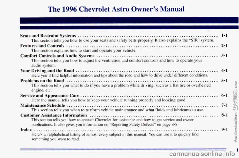 CHEVROLET ASTRO 1996  Owners Manual The 1996 Chevrolet  Astro  Owner’s Manual 
Beats  and  Restraint  Systems ............................................................. 1-1 
This  section  tells  you  how  to  use  your  seats  and