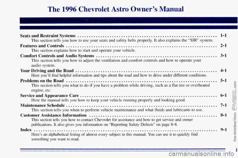 CHEVROLET ASTRO 1996 Owners Manual The 1996 Chevrolet Astro Owner’s Manual
Beats and Restraint Systems ............................................................. 1-1
This section tells you how to use your seats and CHEVROLET ASTRO 1996 Owners Manual The 1996 Chevrolet Astro Owner’s Manual
Beats and Restraint Systems ............................................................. 1-1
This section tells you how to use your seats and