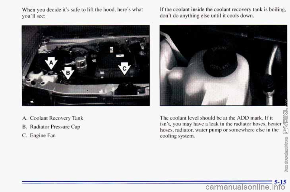 CHEVROLET ASTRO 1996 Owners Manual When you decide it’s safe to lift the hood, here’s what
you’ll see: If the coolant inside the coolant recovery tank is boiling,
don’t do anything else
until it cools down.
A. Co CHEVROLET ASTRO 1996 Owners Manual When you decide it’s safe to lift the hood, here’s what
you’ll see: If the coolant inside the coolant recovery tank is boiling,
don’t do anything else
until it cools down.
A. Co