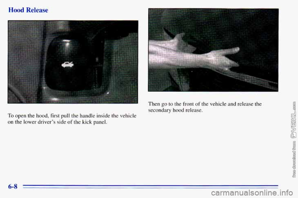 CHEVROLET ASTRO 1996 Owners Manual Hood Release
To open the hood, first pull the handle inside the vehicle
on the lower driver’s side of the kick panel. Then
go to the front of the vehicle and release the
secondary CHEVROLET ASTRO 1996 Owners Manual Hood Release
To open the hood, first pull the handle inside the vehicle
on the lower driver’s side of the kick panel. Then
go to the front of the vehicle and release the
secondary