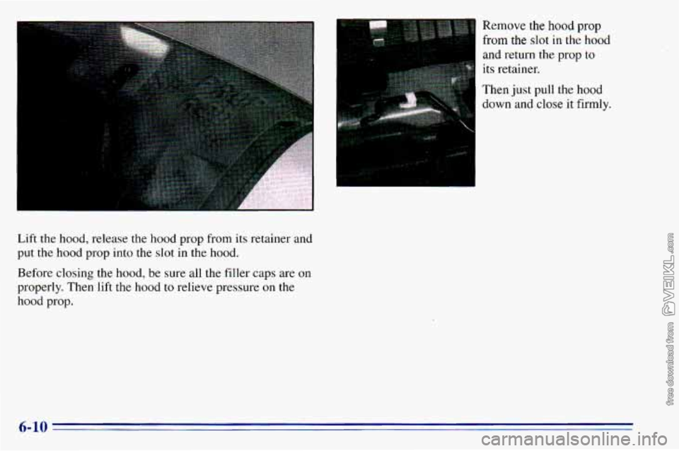 CHEVROLET ASTRO 1996 Owners Manual Lift the hood, release the hood prop from its retainer and
put the hood prop into
the slot in the hood.
Before closing the hood, be sure all the filler caps are on
properly. Th CHEVROLET ASTRO 1996 Owners Manual Lift the hood, release the hood prop from its retainer and
put the hood prop into
the slot in the hood.
Before closing the hood, be sure all the filler caps are on
properly. Th