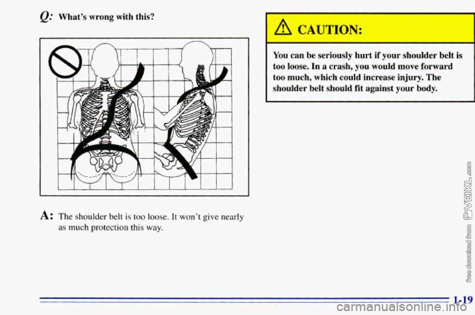 CHEVROLET ASTRO 1996 Owners Manual e." Whats  wrong  with  this? 
A: The  shoulder belt is too loose.  It wont  give nearly 
as much  protection  this way. 
A CAUTION: . .  I, 
You  can  be  seriously  hurt  if  your  shoulder  be