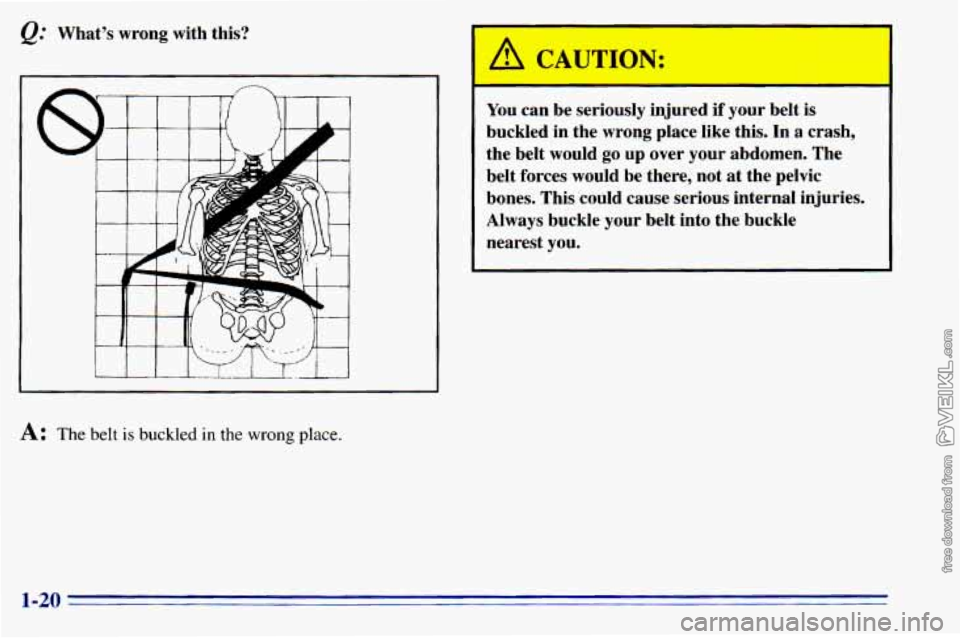 CHEVROLET ASTRO 1996 Owners Manual @ What’s  wrong  with  this? 
A: The belt is buckled in the wrong place. 
/i CAUTION: 
You can be  seriously  injured  if your  belt  is 
buckled  in  the  wrong  place  like  this. In  a  crash, 
t
