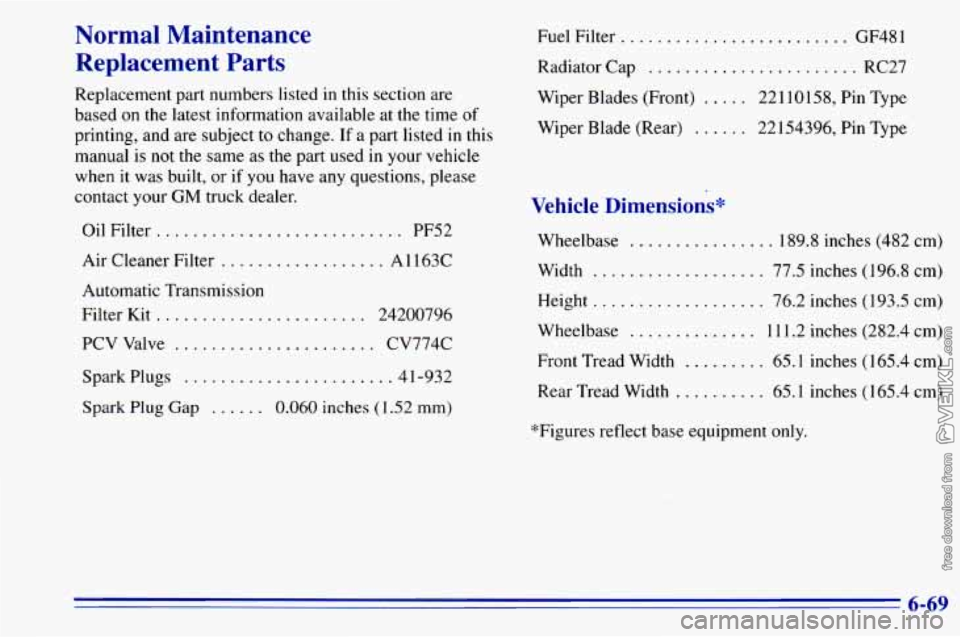 CHEVROLET ASTRO 1996 Owners Manual Normal Maintenance Replacement
Parts
Replacement part numbers listed in this section are
based on the latest information available at the time of
printing, and are subject to change.
If a p CHEVROLET ASTRO 1996 Owners Manual Normal Maintenance Replacement
Parts
Replacement part numbers listed in this section are
based on the latest information available at the time of
printing, and are subject to change.
If a p