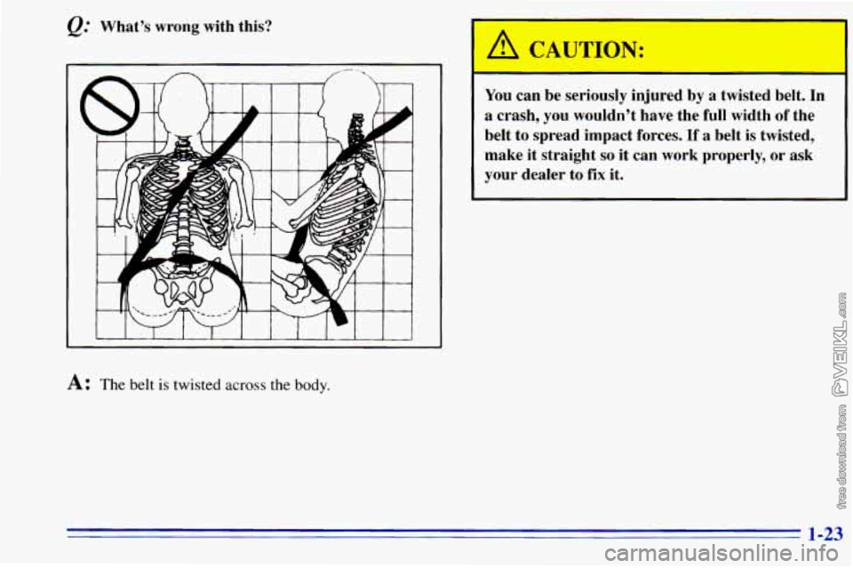 CHEVROLET ASTRO 1996 Owners Guide Q.’ What’s  wrong  with  this? 
A: The belt is twisted across the body. 
A CAUTION: 
- - 
You can  be  seriously  injured  by a twisted  belt.  In 
a  crash,  you  wouldn’t  have  the  full  wid