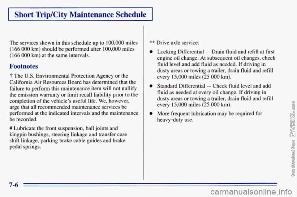 CHEVROLET ASTRO 1996 Owners Manual Short Trip/City Maintenance Schedule
The services shown in this schedule up to 100,000 miles
(166
000 km) should be performed after 100,000 miles
(166
000 km) at the same intervals. CHEVROLET ASTRO 1996 Owners Manual Short Trip/City Maintenance Schedule
The services shown in this schedule up to 100,000 miles
(166
000 km) should be performed after 100,000 miles
(166
000 km) at the same intervals.