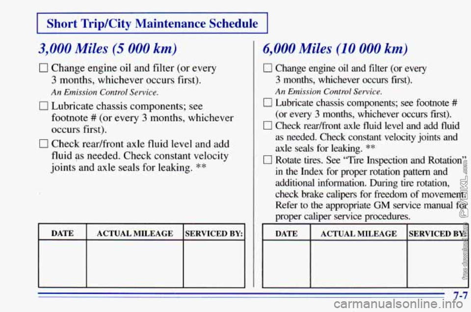 CHEVROLET ASTRO 1996 Owners Manual I Short TripKity Maintenance Schedule I
3,000 Miles (5 000 km)
0 Change engine oil and filter (or every
3 months, whichever occurs first).
0 Lubricate chassis components; see
An Emission C CHEVROLET ASTRO 1996 Owners Manual I Short TripKity Maintenance Schedule I
3,000 Miles (5 000 km)
0 Change engine oil and filter (or every
3 months, whichever occurs first).
0 Lubricate chassis components; see
An Emission C