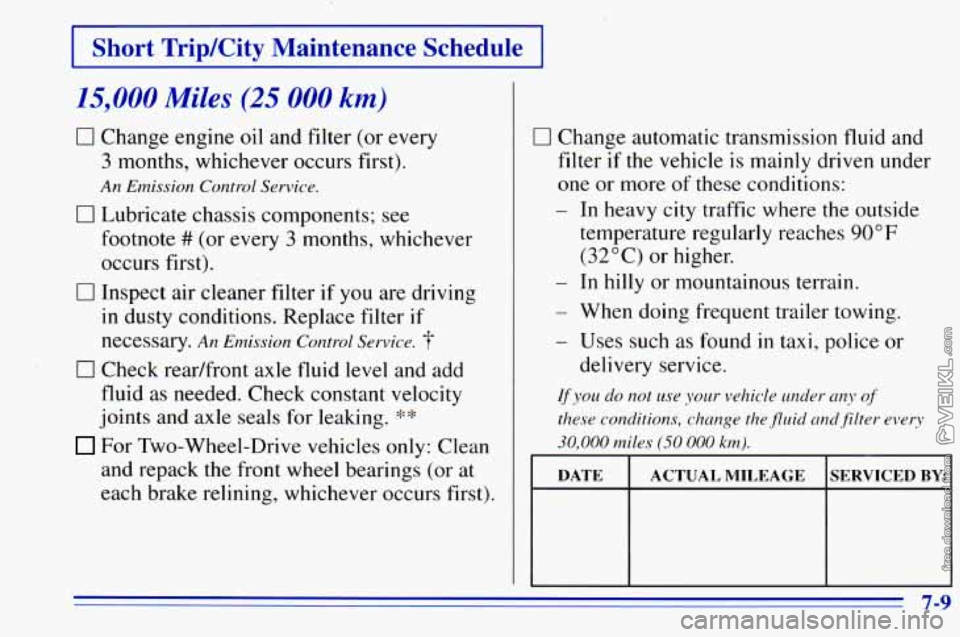 CHEVROLET ASTRO 1996 Owners Manual I Short Trip/City Maintenance Schedule I
15,000 Miles (25 000 km)
0 Change engine oil and filter (or every 3 months, whichever occurs first).
0 Lubricate chassis components; see
An Emission C CHEVROLET ASTRO 1996 Owners Manual I Short Trip/City Maintenance Schedule I
15,000 Miles (25 000 km)
0 Change engine oil and filter (or every 3 months, whichever occurs first).
0 Lubricate chassis components; see
An Emission C
