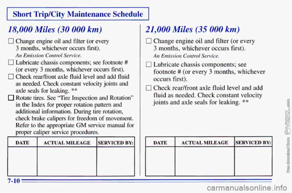 CHEVROLET ASTRO 1996 Owners Manual I Short Trip/City Maintenance Schedule I
18,000 Miles (30 000 km)
0 Change engine oil and filter (or every
3 months, whchever occurs first).
An Emission Control Service.
0 Lubricate ch CHEVROLET ASTRO 1996 Owners Manual I Short Trip/City Maintenance Schedule I
18,000 Miles (30 000 km)
0 Change engine oil and filter (or every
3 months, whchever occurs first).
An Emission Control Service.
0 Lubricate ch