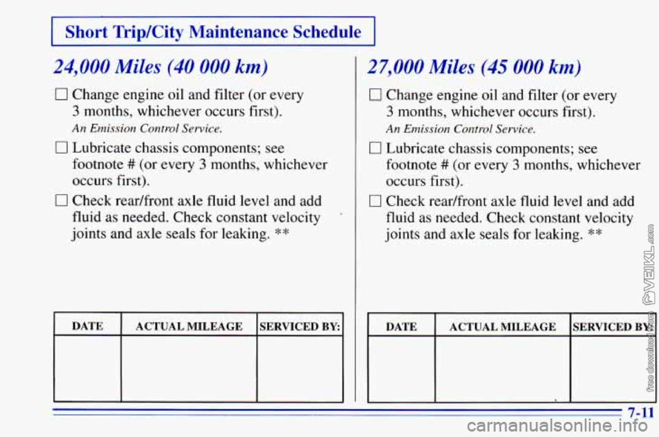 CHEVROLET ASTRO 1996 Owners Manual Short TripKity Maintenance Schedule
24,000 Miles (40 000 km)
0 Change engine oil and filter (or every
3 months, whichever occurs first).
0 Lubricate chassis components; see
An Emission Contr CHEVROLET ASTRO 1996 Owners Manual Short TripKity Maintenance Schedule
24,000 Miles (40 000 km)
0 Change engine oil and filter (or every
3 months, whichever occurs first).
0 Lubricate chassis components; see
An Emission Contr