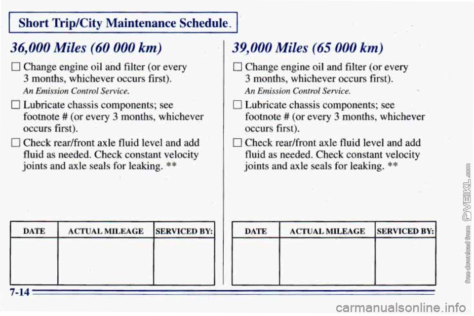 CHEVROLET ASTRO 1996 Owners Manual Short Trip/City Maintenance Schedule.
36,000 Miles (60 000 km)
0 Change engine oil and filter (or every
3 months, whichever occurs first).
An Emission Control Service.
0 Lubricate chassis c CHEVROLET ASTRO 1996 Owners Manual Short Trip/City Maintenance Schedule.
36,000 Miles (60 000 km)
0 Change engine oil and filter (or every
3 months, whichever occurs first).
An Emission Control Service.
0 Lubricate chassis c