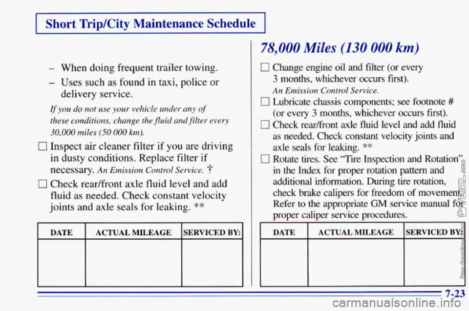 CHEVROLET ASTRO 1996 Owners Manual I Short TripKity Maintenance Schedule I
- When doing frequent trailer towing.
- Uses such as found in taxi, police or
delivery service.
If you d9 not use your vehicle under any of
these co CHEVROLET ASTRO 1996 Owners Manual I Short TripKity Maintenance Schedule I
- When doing frequent trailer towing.
- Uses such as found in taxi, police or
delivery service.
If you d9 not use your vehicle under any of
these co