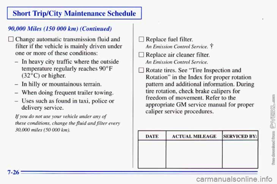 CHEVROLET ASTRO 1996 Owners Manual I Short Trip/City Maintenance Schedule I
90,000 Miles (150 000 km) (Continued)
0 Change automatic transmission fluid and
filter if the vehicle is mainly driven under
one or more of these co CHEVROLET ASTRO 1996 Owners Manual I Short Trip/City Maintenance Schedule I
90,000 Miles (150 000 km) (Continued)
0 Change automatic transmission fluid and
filter if the vehicle is mainly driven under
one or more of these co