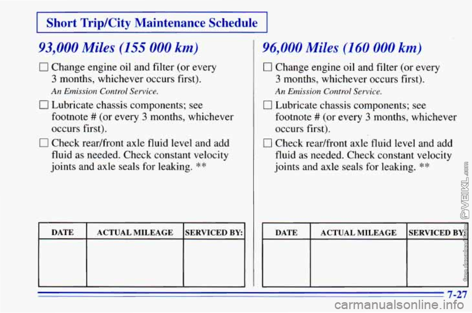 CHEVROLET ASTRO 1996 Owners Manual 1 Short Trip/City Maintenance Schedule I
93,000 Miles (155 000 km)
0 Change engine oil and filter (or every
3 months, whichever occurs first).
0 Lubricate chassis components; see
An Emi CHEVROLET ASTRO 1996 Owners Manual 1 Short Trip/City Maintenance Schedule I
93,000 Miles (155 000 km)
0 Change engine oil and filter (or every
3 months, whichever occurs first).
0 Lubricate chassis components; see
An Emi