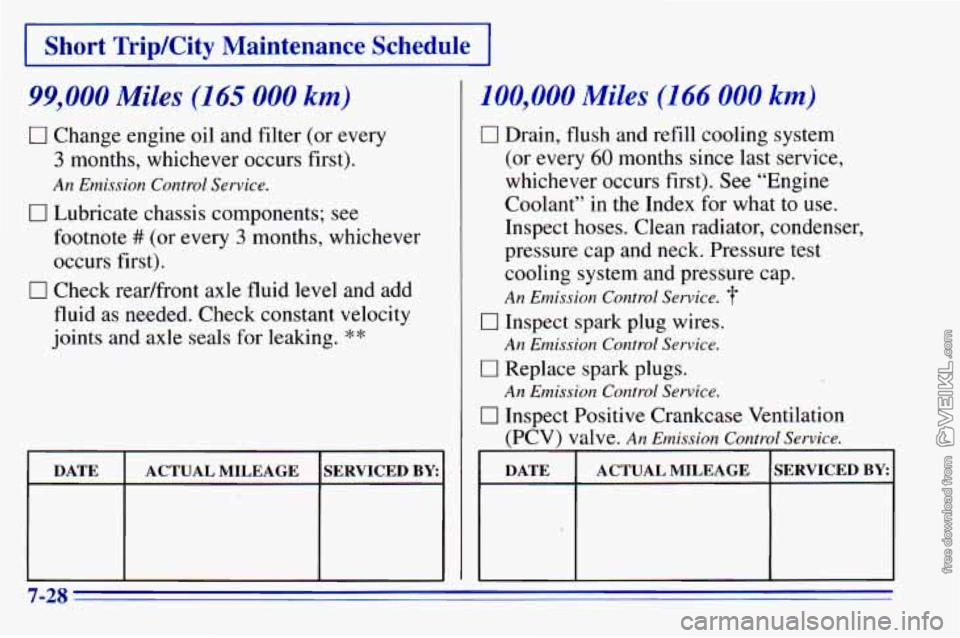 CHEVROLET ASTRO 1996 Owners Manual 100,000 Miles (1 66 000 km)
0 Drain, flush and refill cooling system
(or every
60 months since last service,
whichever occurs first). See “Engine
Coolant”
in the Index for what to use. CHEVROLET ASTRO 1996 Owners Manual 100,000 Miles (1 66 000 km)
0 Drain, flush and refill cooling system
(or every
60 months since last service,
whichever occurs first). See “Engine
Coolant”
in the Index for what to use.