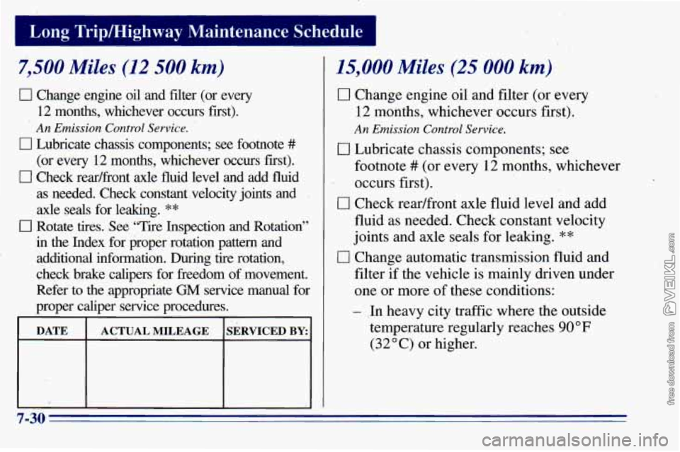 CHEVROLET ASTRO 1996 Owners Manual 7,500 Miles (12 500 km)
0 Change engine oil and filter (or every
12 months, whichever occurs first).
An Emission Control Service.
0 Lubricate chassis components; see footnote ##
(or e CHEVROLET ASTRO 1996 Owners Manual 7,500 Miles (12 500 km)
0 Change engine oil and filter (or every
12 months, whichever occurs first).
An Emission Control Service.
0 Lubricate chassis components; see footnote ##
(or e