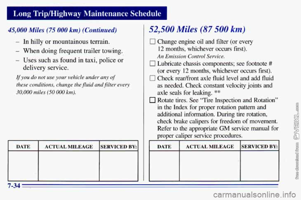 CHEVROLET ASTRO 1996 Owners Manual LI lg TriplHighway Maintenance Schedule 1
45,000 Miles (75 000 km) (Continued)
- In hilly or mountainous terrain.
- When doing frequent trailer towing.
- Uses such as found in taxi, police or
CHEVROLET ASTRO 1996 Owners Manual LI lg TriplHighway Maintenance Schedule 1
45,000 Miles (75 000 km) (Continued)
- In hilly or mountainous terrain.
- When doing frequent trailer towing.
- Uses such as found in taxi, police or