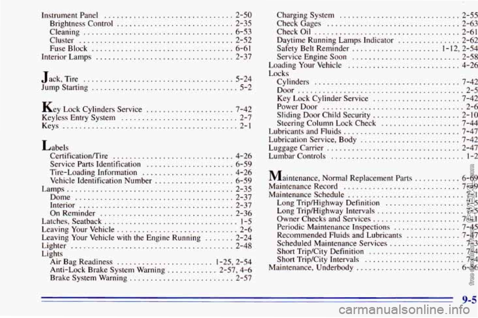 CHEVROLET ASTRO 1996  Owners Manual Instrumentpanel ............................... 2-50 
Brightness  Control 
.................... i ....... 2-35 
Cleaning 
.................................... 6-53 
Cluster 
..........................