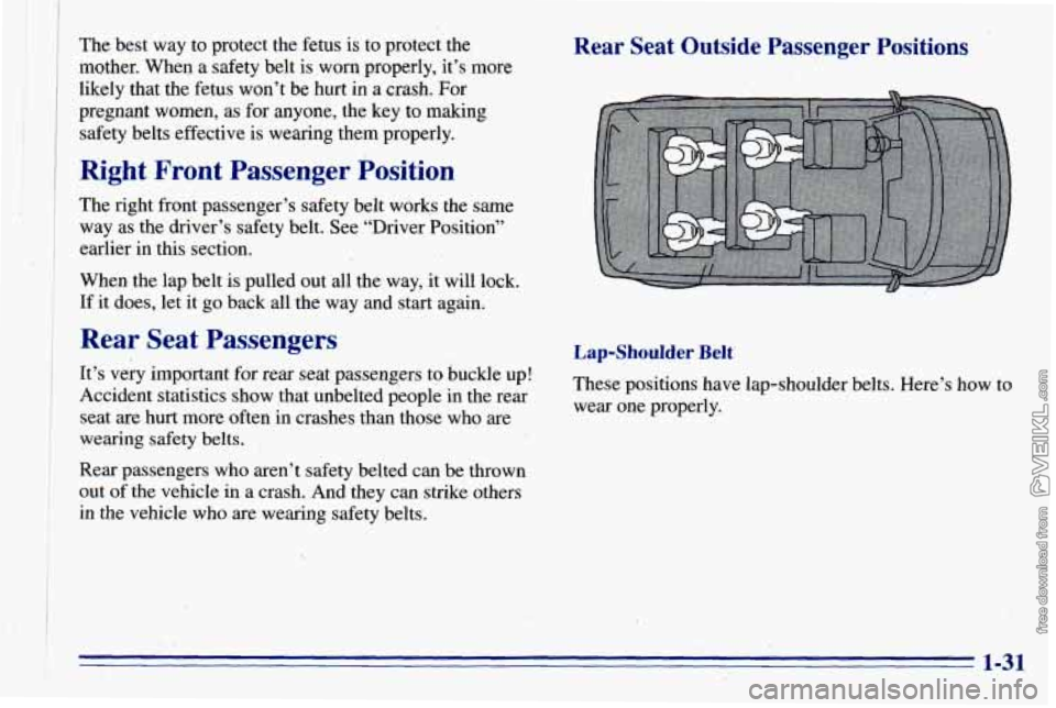 CHEVROLET ASTRO 1996 Owners Guide The  best way to protect  the  fetus is to protect  the 
mQther.  When a safety belt is  worn properly,  it’s  more 
likely that  the  fetus won’t  be 
hurt in  a crash.  For 
pregnant women,  as 