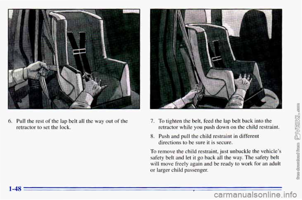 CHEVROLET ASTRO 1996 Workshop Manual 6. Pull the rest of the lap belt all the way out of the
retractor to set the lock.
.a.
7. To tighten the belt, feed the lap belt back into the
8. Push and pull the child restraint in CHEVROLET ASTRO 1996 Workshop Manual 6. Pull the rest of the lap belt all the way out of the
retractor to set the lock.
.a.
7. To tighten the belt, feed the lap belt back into the
8. Push and pull the child restraint in