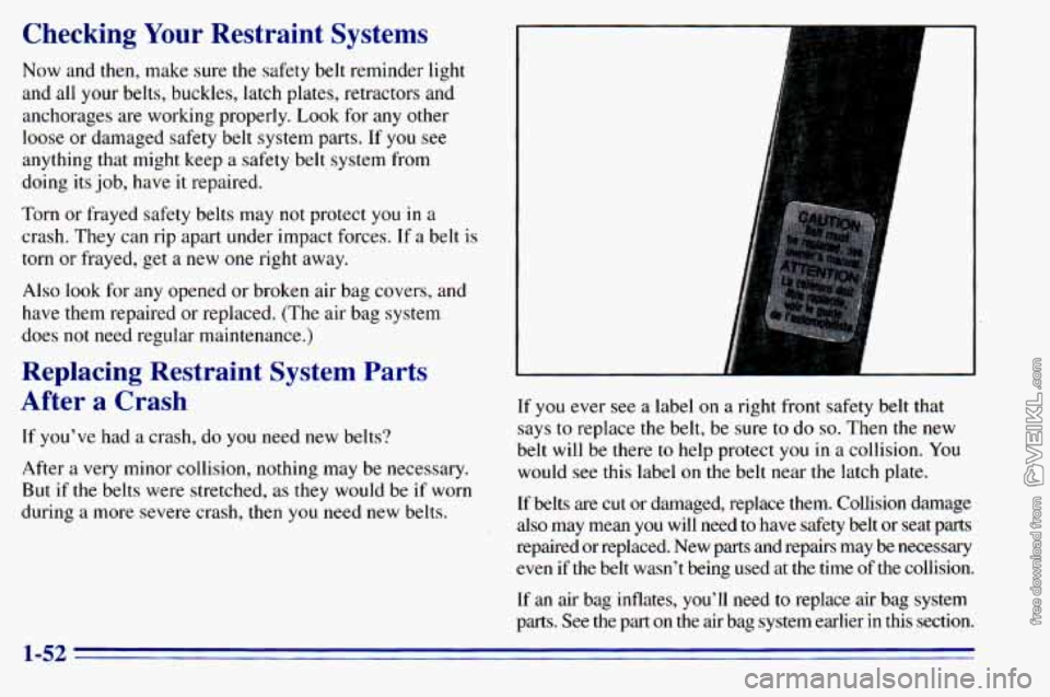 CHEVROLET ASTRO 1996 Workshop Manual Checking Your Restraint Systems
Now and then, make sure the safety belt reminder light
and
all your belts, buckles, latch plates, retractors and
anchorages are working properly. CHEVROLET ASTRO 1996 Workshop Manual Checking Your Restraint Systems
Now and then, make sure the safety belt reminder light
and
all your belts, buckles, latch plates, retractors and
anchorages are working properly.