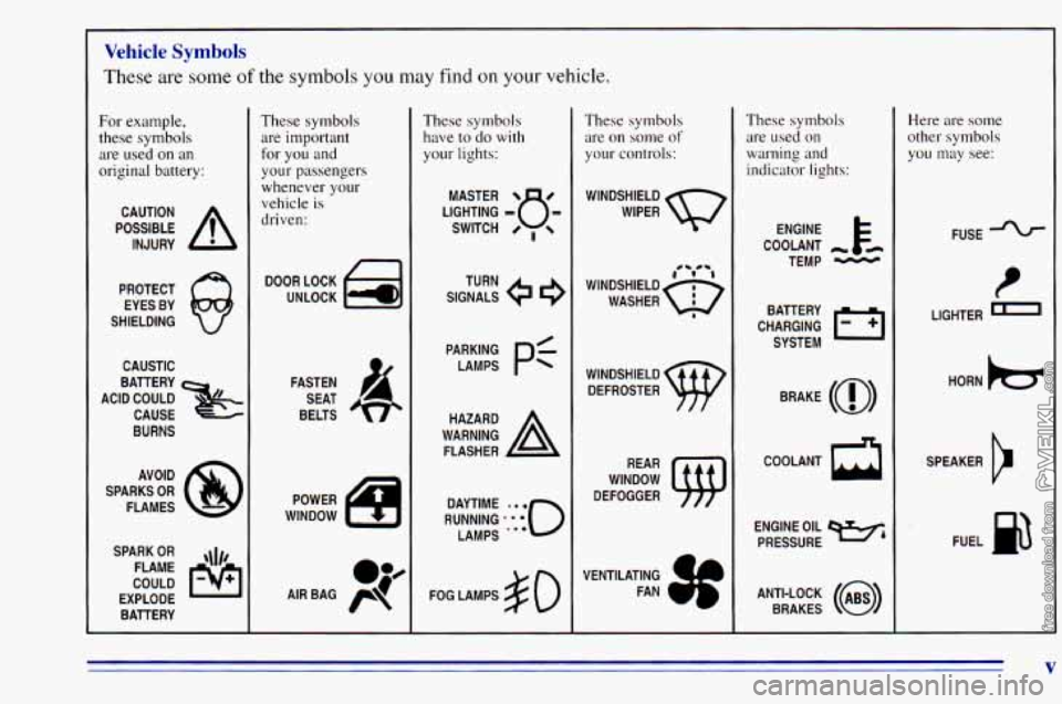 CHEVROLET ASTRO 1996  Owners Manual Vehicle Symbols 
These are some of the symbols you may find on your vehicle. 
For example, 
these symbols 
are  used  on an 
original battery: 
POSSIBLE A 
CAUTION 
INJURY 
PROTECT  EYES  BY 
SHIELDIN