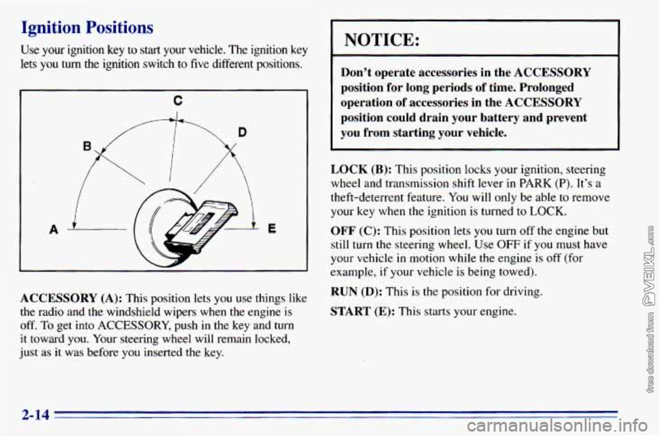 CHEVROLET ASTRO 1996 Manual PDF Ignition Positions
Use your ignition key to start your vehicle. The ignition key \
lets you turn the ignition switch
to five different positions.
C
ACCESSORY (A): This position CHEVROLET ASTRO 1996 Manual PDF Ignition Positions
Use your ignition key to start your vehicle. The ignition key \
lets you turn the ignition switch
to five different positions.
C
ACCESSORY (A): This position