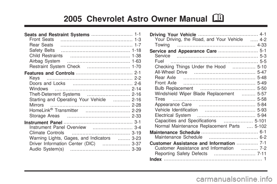 CHEVROLET ASTRO 2005  Owners Manual Seats and Restraint Systems........................... 1-1
Front Seats
............................................... 1-3
Rear Seats
............................................... 1-7
Safety Belts
.