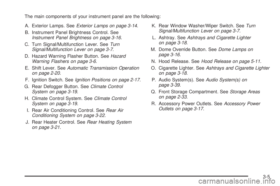 CHEVROLET ASTRO 2005  Owners Manual The main components of your instrument panel are the following:
A. Exterior Lamps. SeeExterior Lamps on page 3-14.
B. Instrument Panel Brightness Control. See
Instrument Panel Brightness on page 3-16.