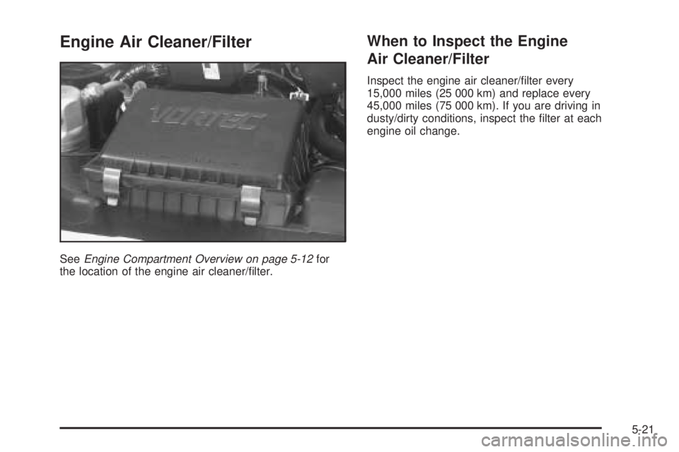 CHEVROLET ASTRO 2005  Owners Manual Engine Air Cleaner/Filter
SeeEngine Compartment Overview on page 5-12for
the location of the engine air cleaner/�lter.
When to Inspect the Engine
Air Cleaner/Filter
Inspect the engine air cleaner/�lte