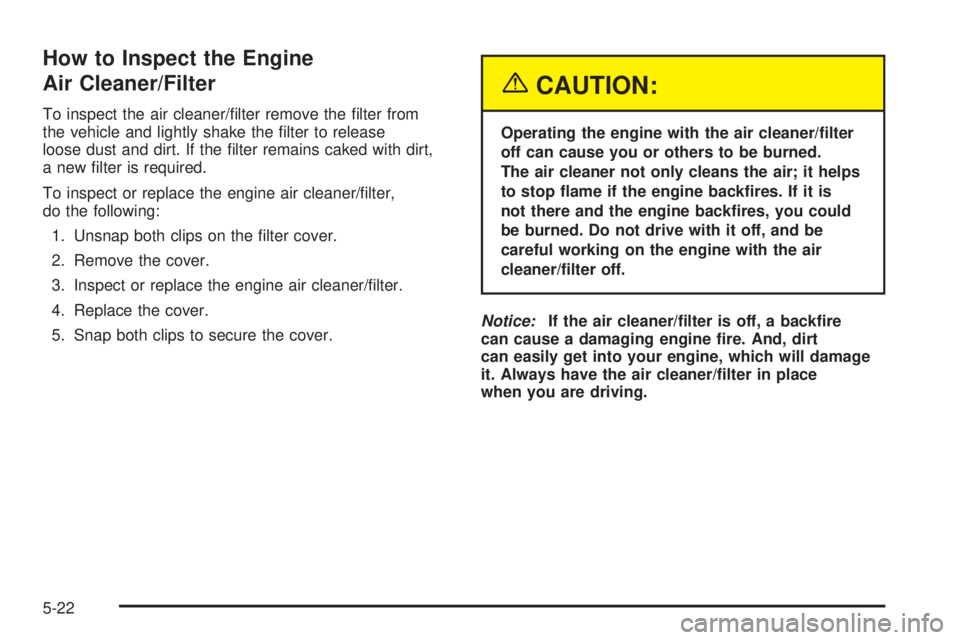 CHEVROLET ASTRO 2005 Owners Guide How to Inspect the Engine
Air Cleaner/Filter
To inspect the air cleaner/�lter remove the �lter from
the vehicle and lightly shake the �lter to release
loose dust and dirt. If the �lter remains caked w