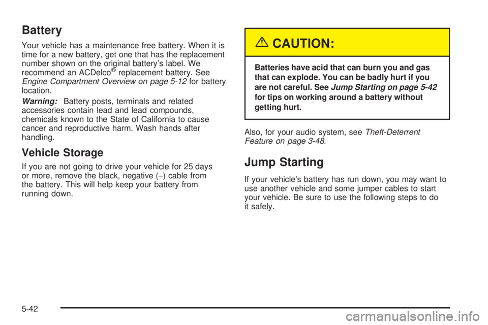 CHEVROLET ASTRO 2005  Owners Manual Battery
Your vehicle has a maintenance free battery. When it is
time for a new battery, get one that has the replacement
number shown on the original battery’s label. We
recommend an ACDelco
®repla