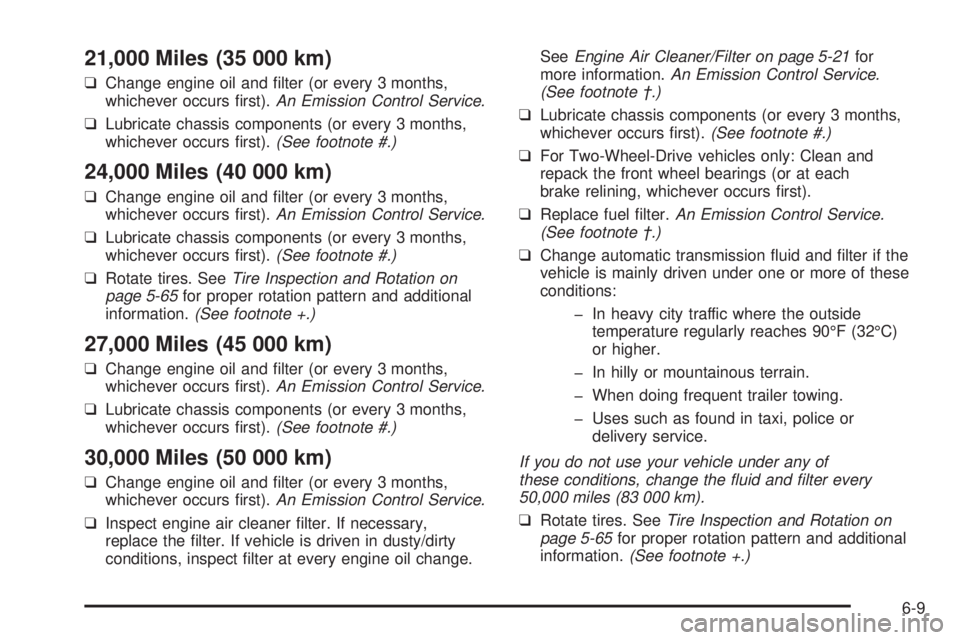 CHEVROLET ASTRO 2005  Owners Manual 21,000 Miles (35 000 km)
❑Change engine oil and �lter (or every 3 months,
whichever occurs �rst).An Emission Control Service.
❑Lubricate chassis components (or every 3 months,
whichever occurs �rs