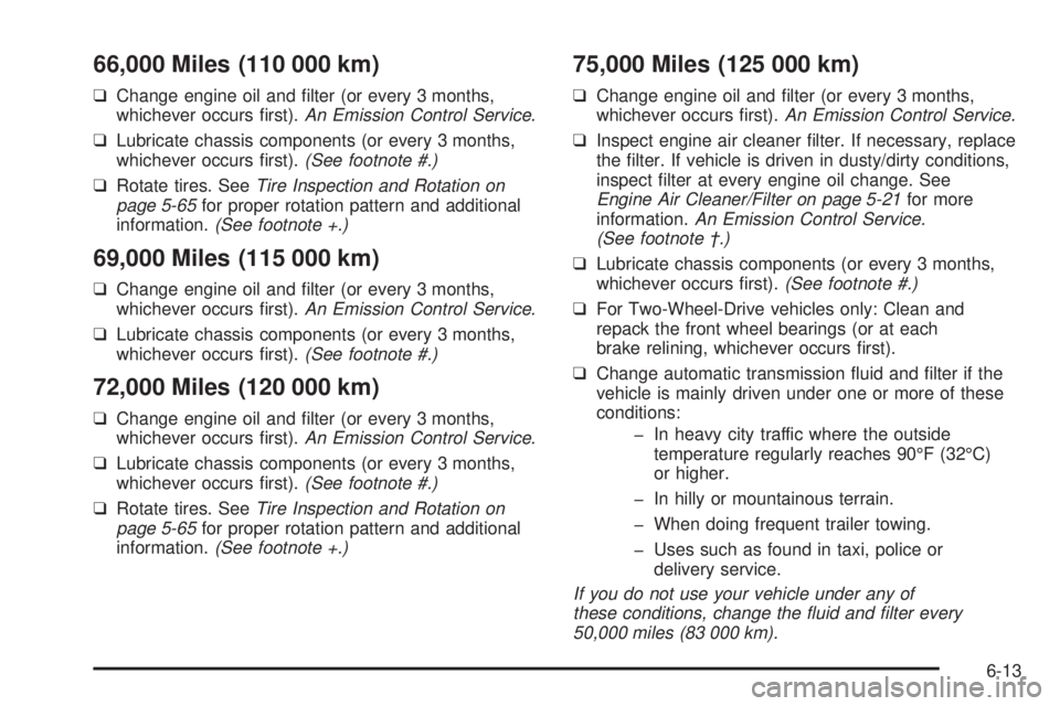 CHEVROLET ASTRO 2005 Owners Manual 66,000 Miles (110 000 km)
❑Change engine oil and �lter (or every 3 months,
whichever occurs �rst).An Emission Control Service.
❑Lubricate chassis components (or every 3 months,
whichever occurs �r