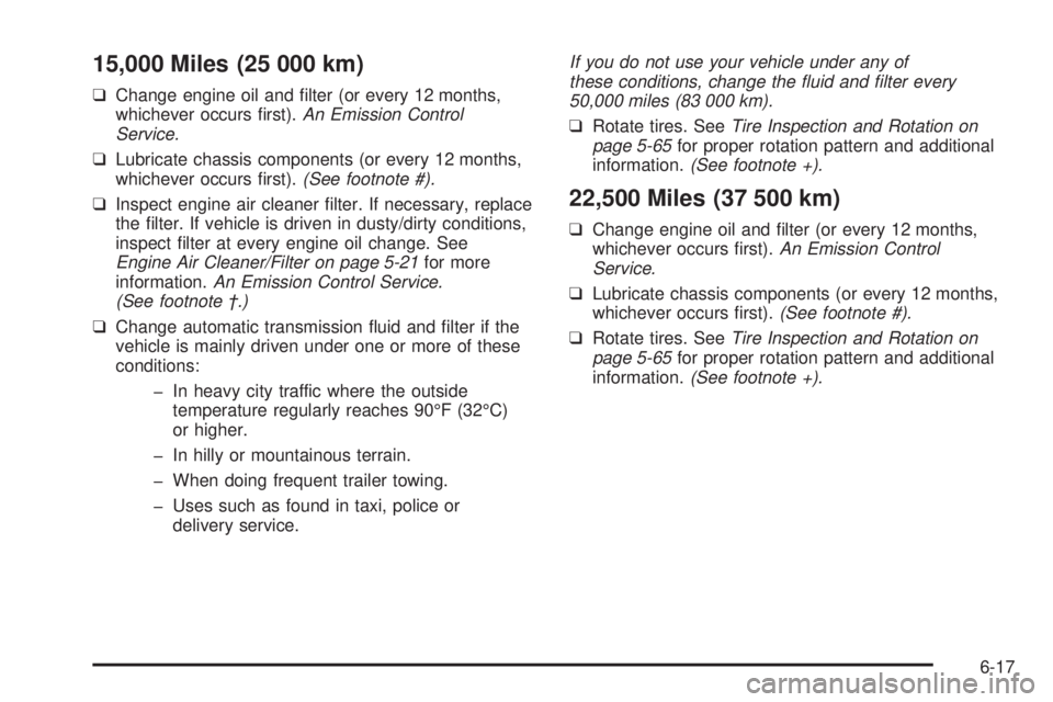 CHEVROLET ASTRO 2005 Owners Guide 15,000 Miles (25 000 km)
❑Change engine oil and �lter (or every 12 months,
whichever occurs �rst).An Emission Control
Service.
❑Lubricate chassis components (or every 12 months,
whichever occurs �