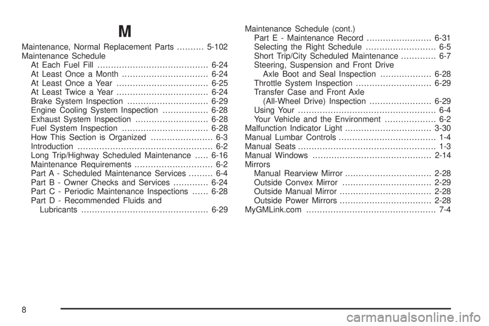 CHEVROLET ASTRO 2005  Owners Manual M
Maintenance, Normal Replacement Parts..........5-102
Maintenance Schedule
At Each Fuel Fill.........................................6-24
At Least Once a Month................................6-24
At 