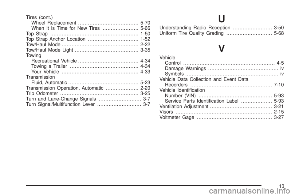 CHEVROLET ASTRO 2005  Owners Manual Tires (cont.)
Wheel Replacement.....................................5-70
When It Is Time for New Tires......................5-66
Top Strap......................................................1-50
Top