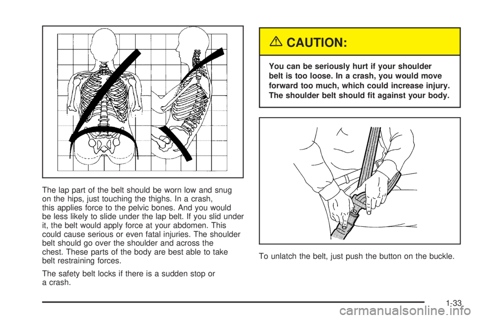 CHEVROLET ASTRO 2005 User Guide The lap part of the belt should be worn low and snug
on the hips, just touching the thighs. In a crash,
this applies force to the pelvic bones. And you would
be less likely to slide under the lap belt
