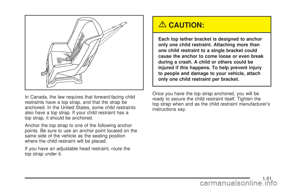 CHEVROLET ASTRO 2005 User Guide In Canada, the law requires that forward-facing child
restraints have a top strap, and that the strap be
anchored. In the United States, some child restraints
also have a top strap. If your child rest