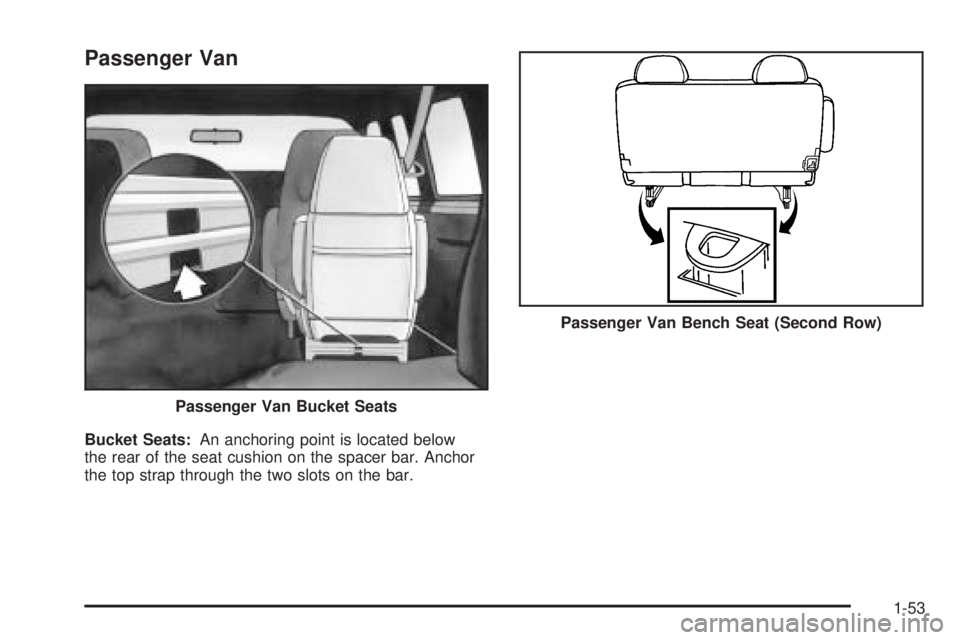 CHEVROLET ASTRO 2005 Workshop Manual Passenger Van
Bucket Seats:An anchoring point is located below
the rear of the seat cushion on the spacer bar. Anchor
the top strap through the two slots on the bar.Passenger Van Bucket Seats
Passenge