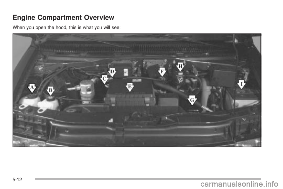 CHEVROLET ASTRO 2004 Owners Manual Engine Compartment Overview
When you open the hood, this is what you will see:
5-12 CHEVROLET ASTRO 2004 Owners Manual Engine Compartment Overview
When you open the hood, this is what you will see:
5-12