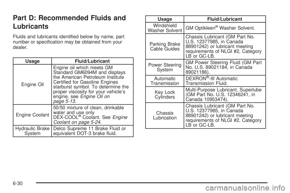 CHEVROLET ASTRO 2004  Owners Manual Part D: Recommended Fluids and
Lubricants
Fluids and lubricants identi®ed below by name, part
number or speci®cation may be obtained from your
dealer.
Usage Fluid/Lubricant
Engine OilEngine oil whic